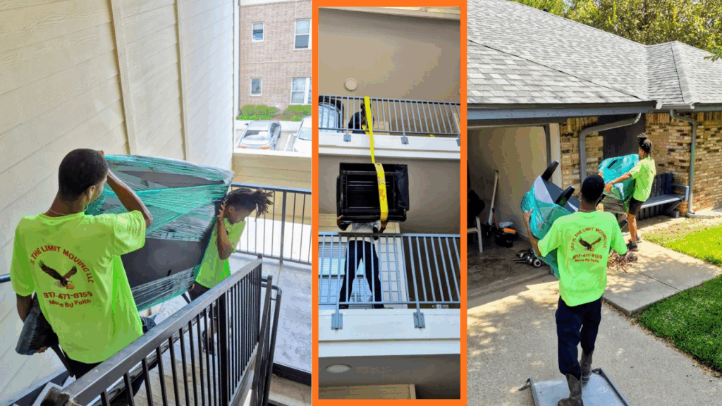 Professional movers in Fort Worth using long straps to safely lower heavy sectional couch and wrapped dresser from third-floor apartment with team members positioned on each level