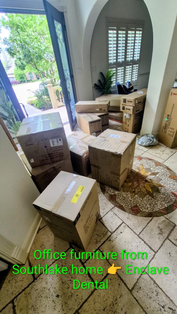 Office furniture move from Southlake home to Enclave Dental by Sky Is The Limit Moving, safely transporting desks, chairs, and equipment