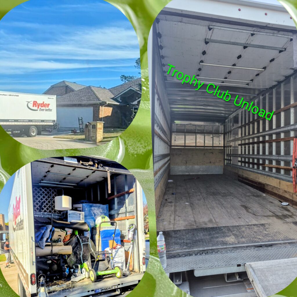 Professional movers unloading furniture and boxes at a home in Trophy Club Texas with careful placement and efficient service