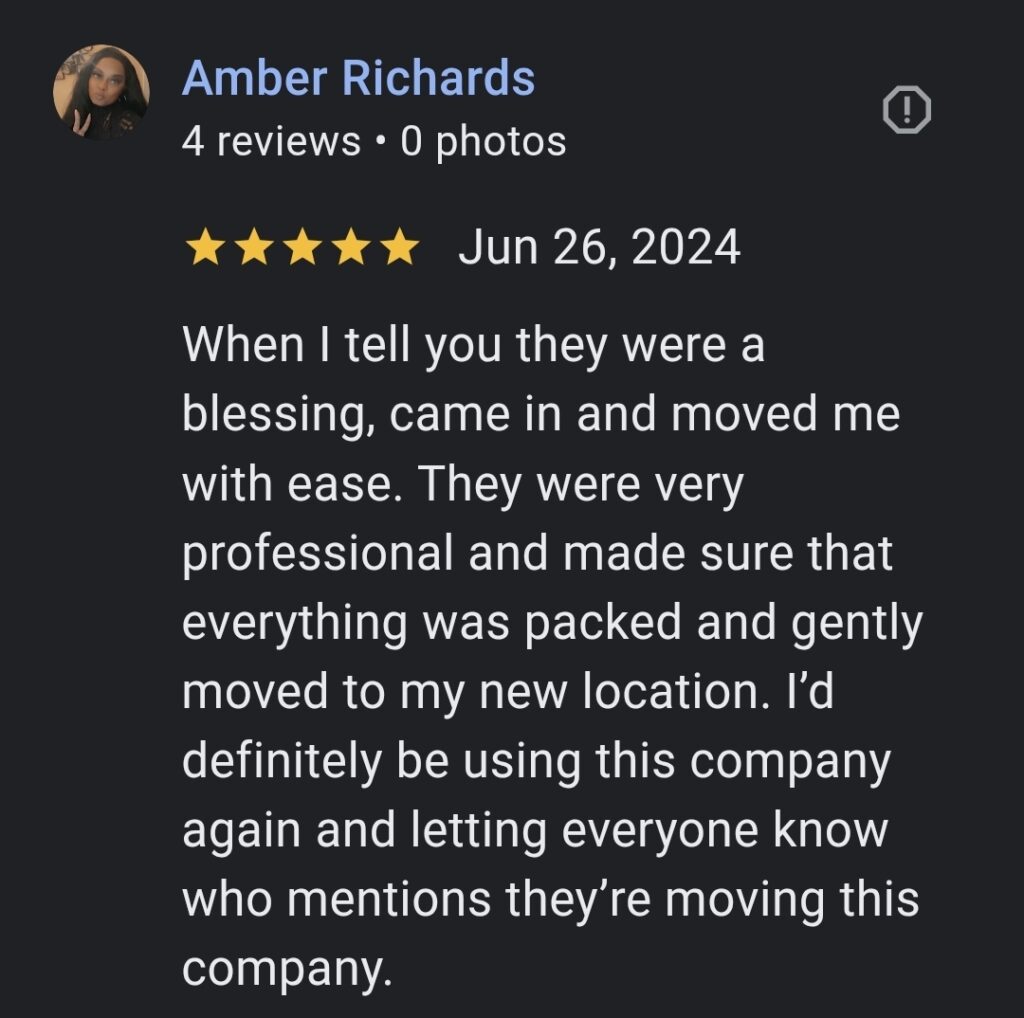 Customer review praising Sky Is The Limit Moving for an easy, stress-free move with careful wrapping and professional handling of all items.