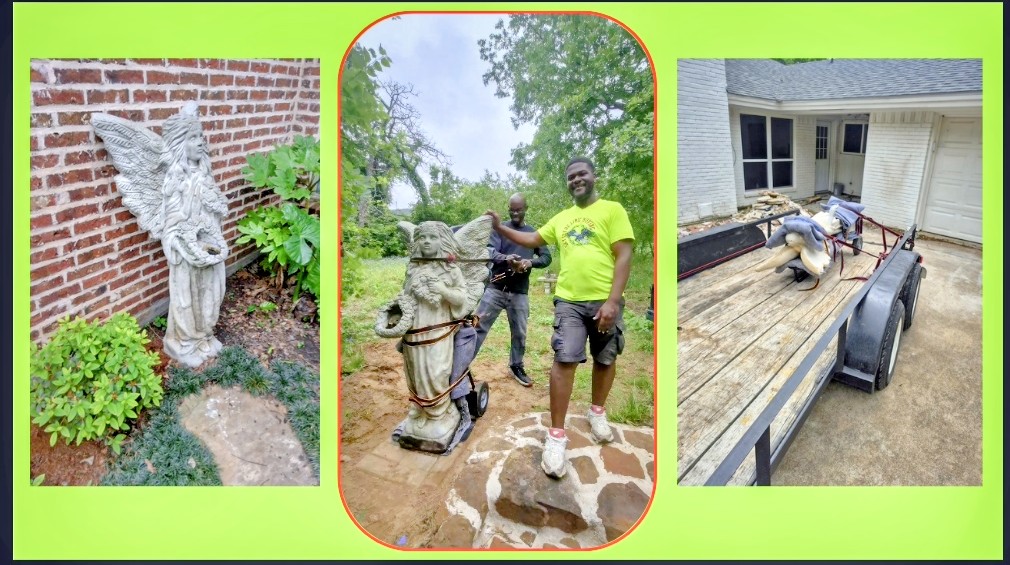 Professional Keller TX movers carefully securing and transporting two outdoor yard statues during a specialty moving service