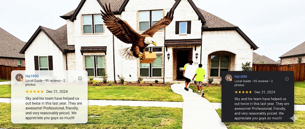 An eagle delivering a package over a residential home in DFW, featuring a 5-star Google review for Sky Is The Limit Moving and professional DFW movers assisting a customer