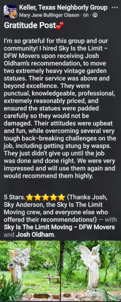 Screenshot of a positive customer review from Mrs. Jane Bullinger Clason in the Keller Neighborly Group praising Sky Is The Limit Moving for safely moving two large statues with professionalism and care.