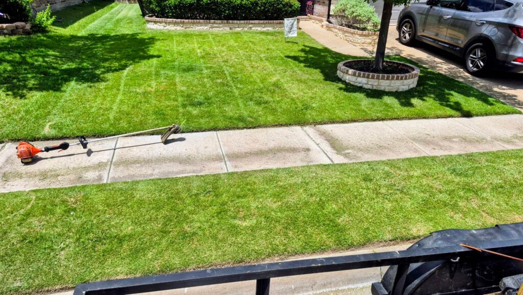 Skycare Lawncare professional lawn mowing and curb appeal service in Fort Worth Texas showing yard maintenance work
